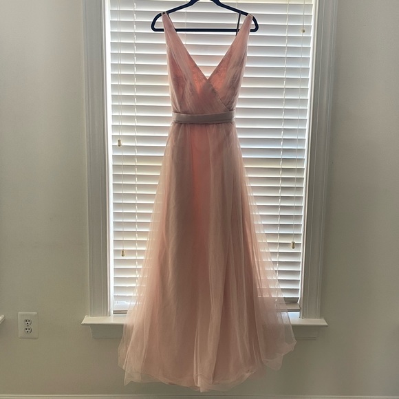 White by Vera Wang Tulle Surplice Bridesmaid Dress with Sash - Blush - 24 - Picture 3 of 10